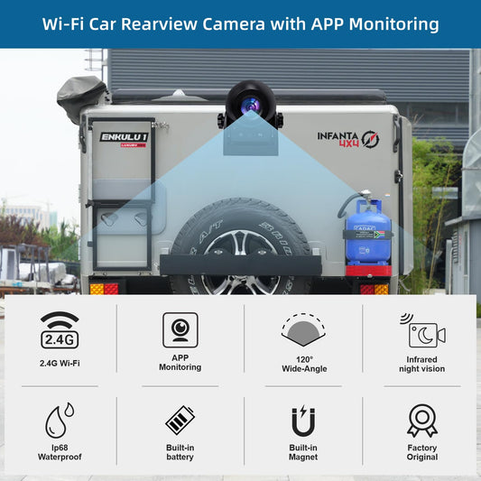 Uzone wireless rearview camera with night vision, IP68 waterproof, magnetic, WiFi, smartphone app for iPhone and Android. Wireless rearview camera with rechargeable battery for RV, hitch, horse trailer.