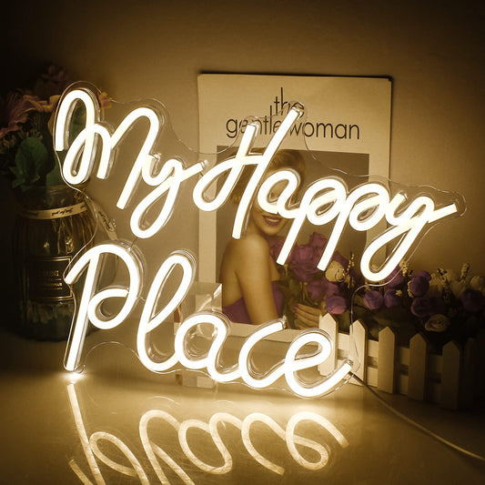 My happy place neon sign. Warm white neon sign for wall decor. Neon light script with USB powered for bedroom, playroom, bar, party, birthday.