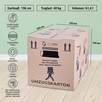 15 moving boxes, book boxes, file boxes | 600 x 330 x 350 mm, double-walled | extra large & sturdy up to 40 kg | made from recycled paper & reusable | large packing boxes for moving