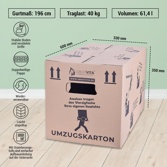 15 moving boxes, book boxes, file boxes | 600 x 330 x 350 mm, double-walled | extra large & sturdy up to 40 kg | made from recycled paper & reusable | large packing boxes for moving
