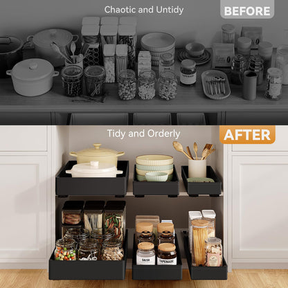 SOLEDI Telescopic Drawer Adhesive, Pull-Out Kitchen Drawer 3-Pack, Expandable Kitchen Cabinet Organizer, No Drilling or Nailing Required (Black)