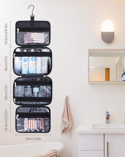 LOVEVOOK culture bag for women with separate jewelry compartment, waterproof hanging toiletry bag, foldable wash bag cosmetic bag large with 360° swivel hook, wash bag for women black
