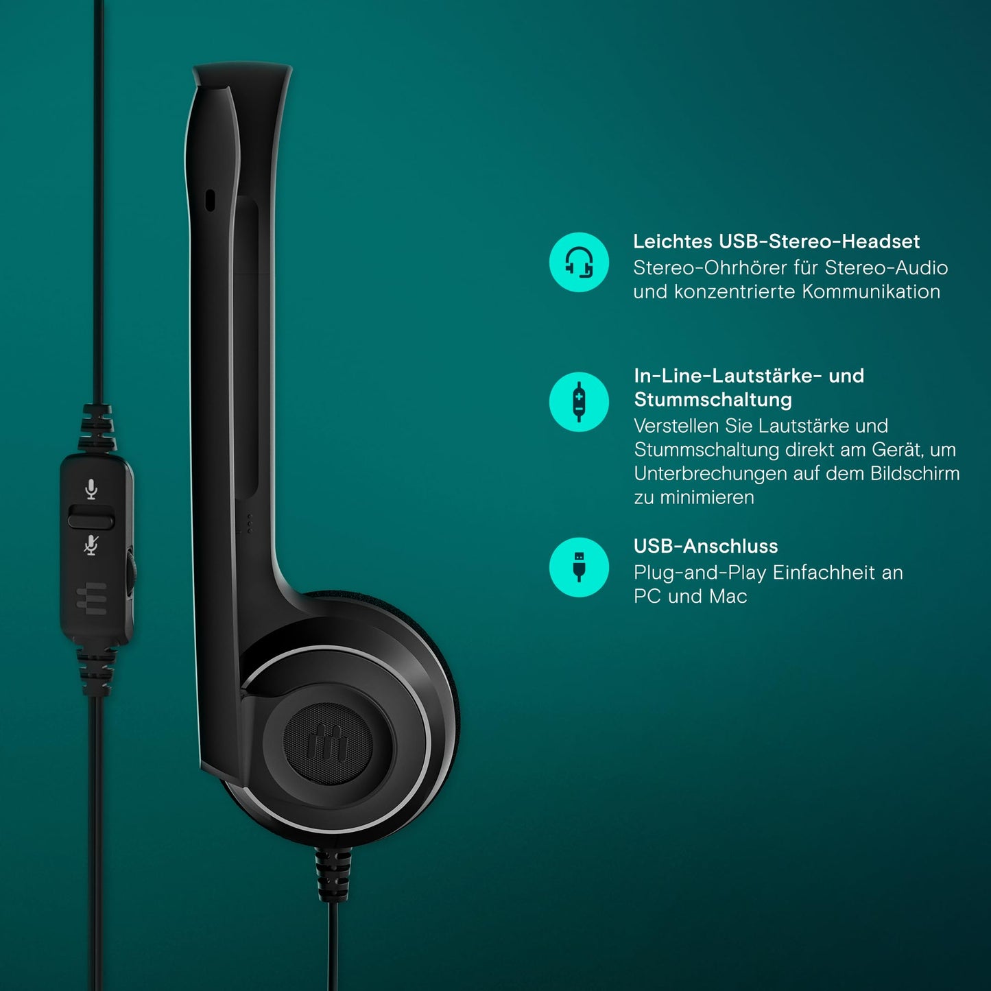 EPOS PC 8 USB On-Ear Stereo Wired Headset with Microphone, Wired Headphones, Inline Volume, Mute, Microphone Noise Cancelling, High Quality, for Laptop, PC, Mac - Online Calls Teaching