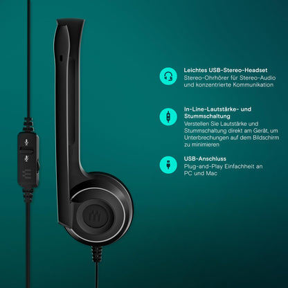 EPOS PC 8 USB On-Ear Stereo Wired Headset with Microphone, Wired Headphones, Inline Volume, Mute, Microphone Noise Cancelling, High Quality, for Laptop, PC, Mac - Online Calls Teaching