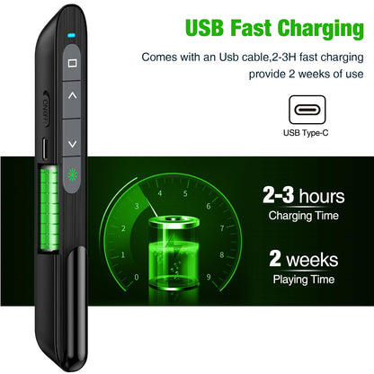 Rechargeable USB C Green Presenter, 2.4 GHz Wireless PowerPoint Remote, Green Pointer for Presentations, Presentation Remote for Windows/Mac/PowerPoint/Keynote/Google Slides/PDF.