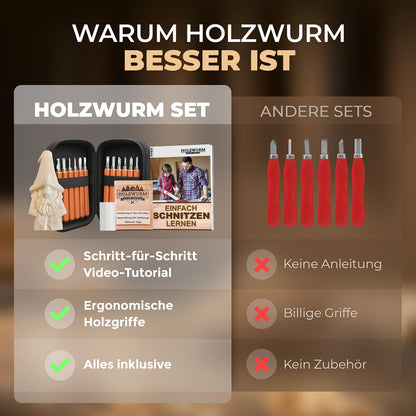 WOODWORM Wood Carving Tool Set - 17 pieces, including instructions for a carving project & E-book for beginners, pouch & sharpening stone, ideal carving knife set for beginners and professionals.
