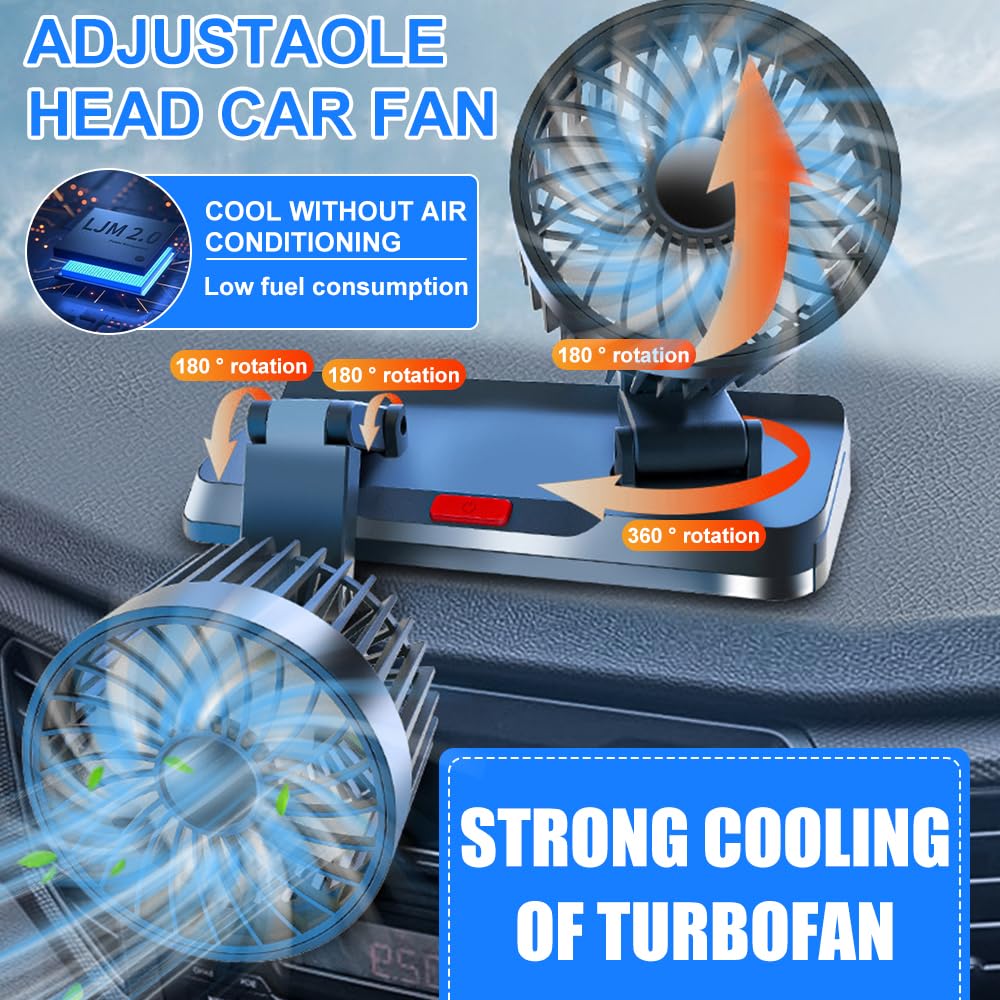 KUWUNG USB Car Fan, Dual Head 360° Rotatable USB Car Fan with 3 Speeds, Dual Fan Suitable with USB Interface for Car, RV, Home, Office, Camping