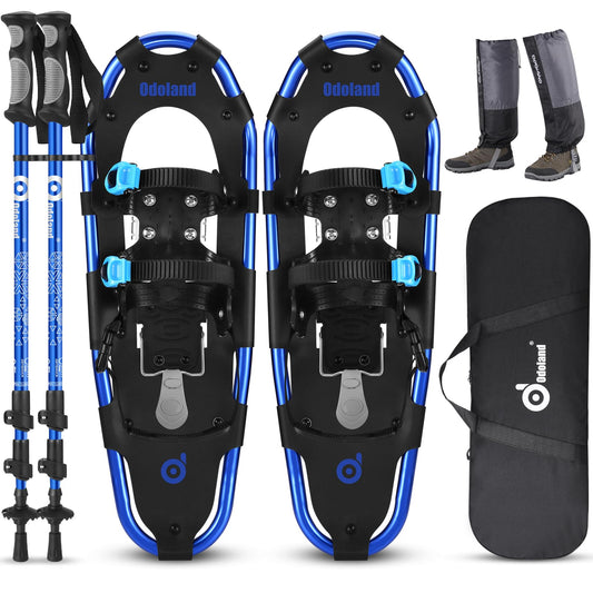 Odoland snowshoes with climbing aid Allround 4 IN 1 for women and men with hiking poles, waterproof gaiters and carrying bag, from shoe size 30 INCH Blue