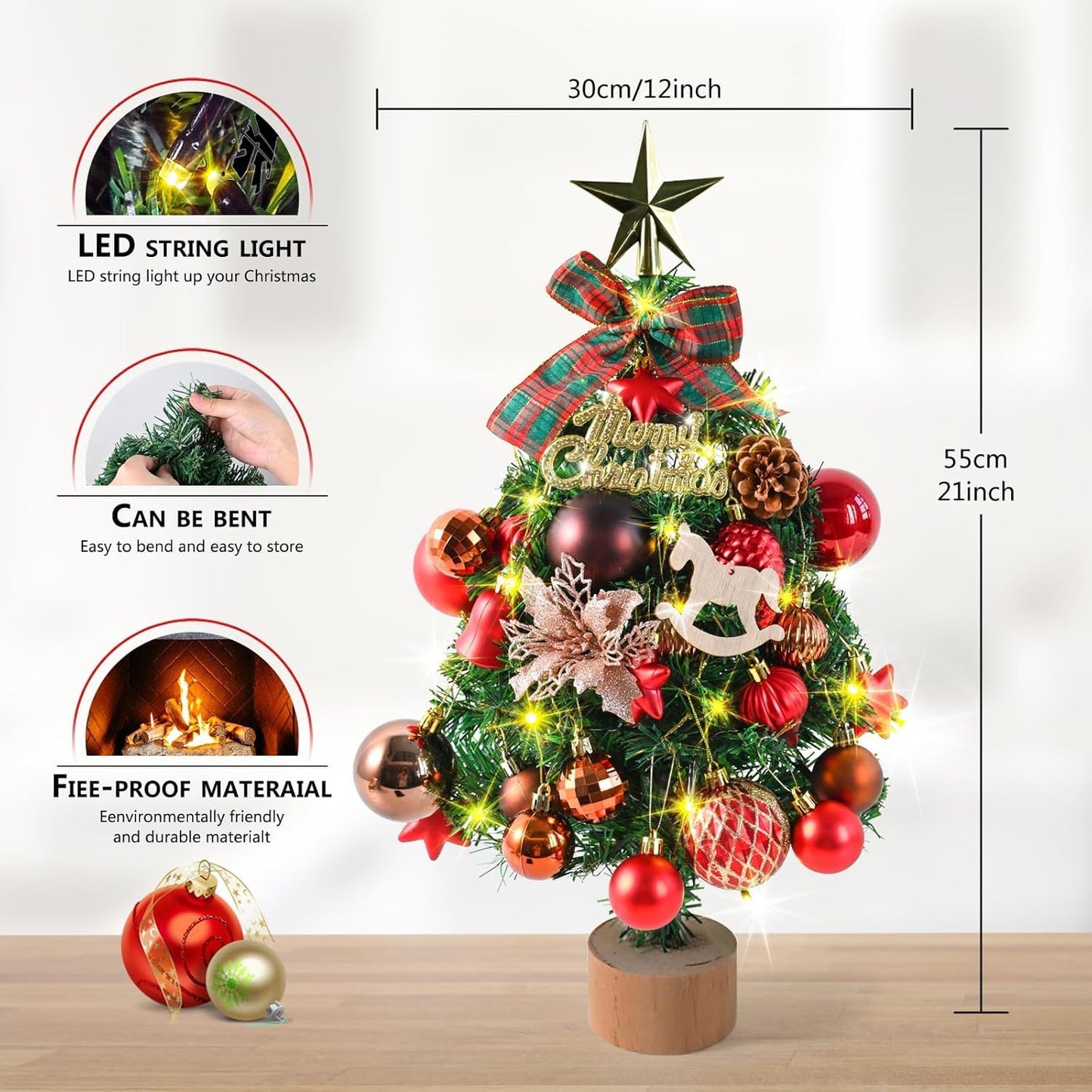 Artificial Christmas tree with 30 warm white LEDs 8 light modes KAMEUN 55CM Mini Christmas Tree Artificial, Flame Retardant PVC Pine Tree, Christmas Tree with Ornaments, Indoor Decoration