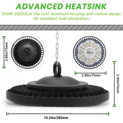 Jefedana 200W LED High Bay Light, 20000LM UFO Workshop Lamp IP65 Industrial Lamp, 6500K Cold White Warehouse Lighting for Workshops Industrial Factory Halls