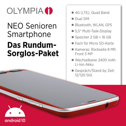 Olympia Neo 16GB senior smartphone | Extra large display | Hearing aid compatible | Emergency button | Senior smartphone 5.5" display | Whatsapp & Mediteo pre-installed | 8MP camera | Red