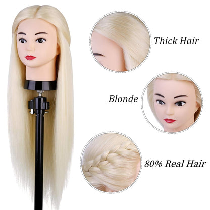 TwoWin Training Heads 80% Real Hair Blonde Cosmetology Doll Head Hairdresser Training Model Mannequin Head with Stand, DIY Hair Accessories Styling, Suitable for Straightening, Curling, Perming.