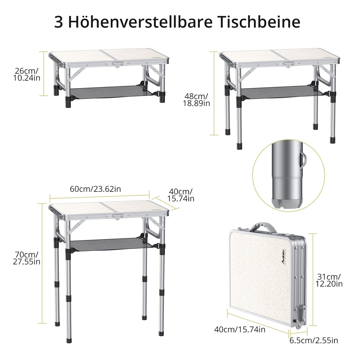 Offer camping table folding table 60x40cm aluminum frame with 3 height adjustable 26/48/70cm picnic table with storage net portable multifunction table for camping beach balcony (white)