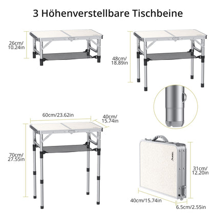 Offer camping table folding table 60x40cm aluminum frame with 3 height adjustable 26/48/70cm picnic table with storage net portable multifunction table for camping beach balcony (white)