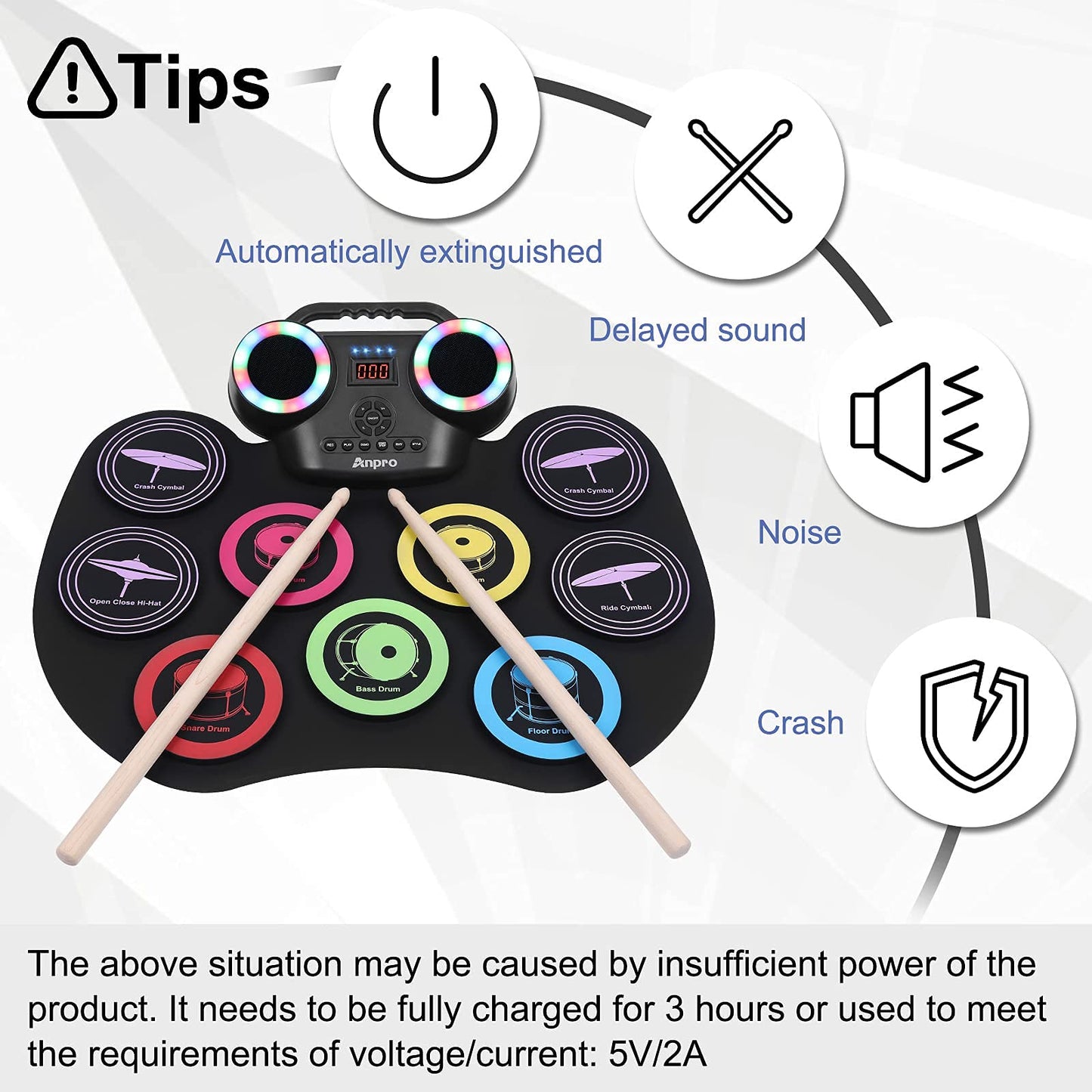 Anpro Nine-Sided Electronic Color Drum Kit, 8PCS Drum Practice Set, portable electric drum, built-in audio with headphone jack, LED color screen, Best Birthday Gift