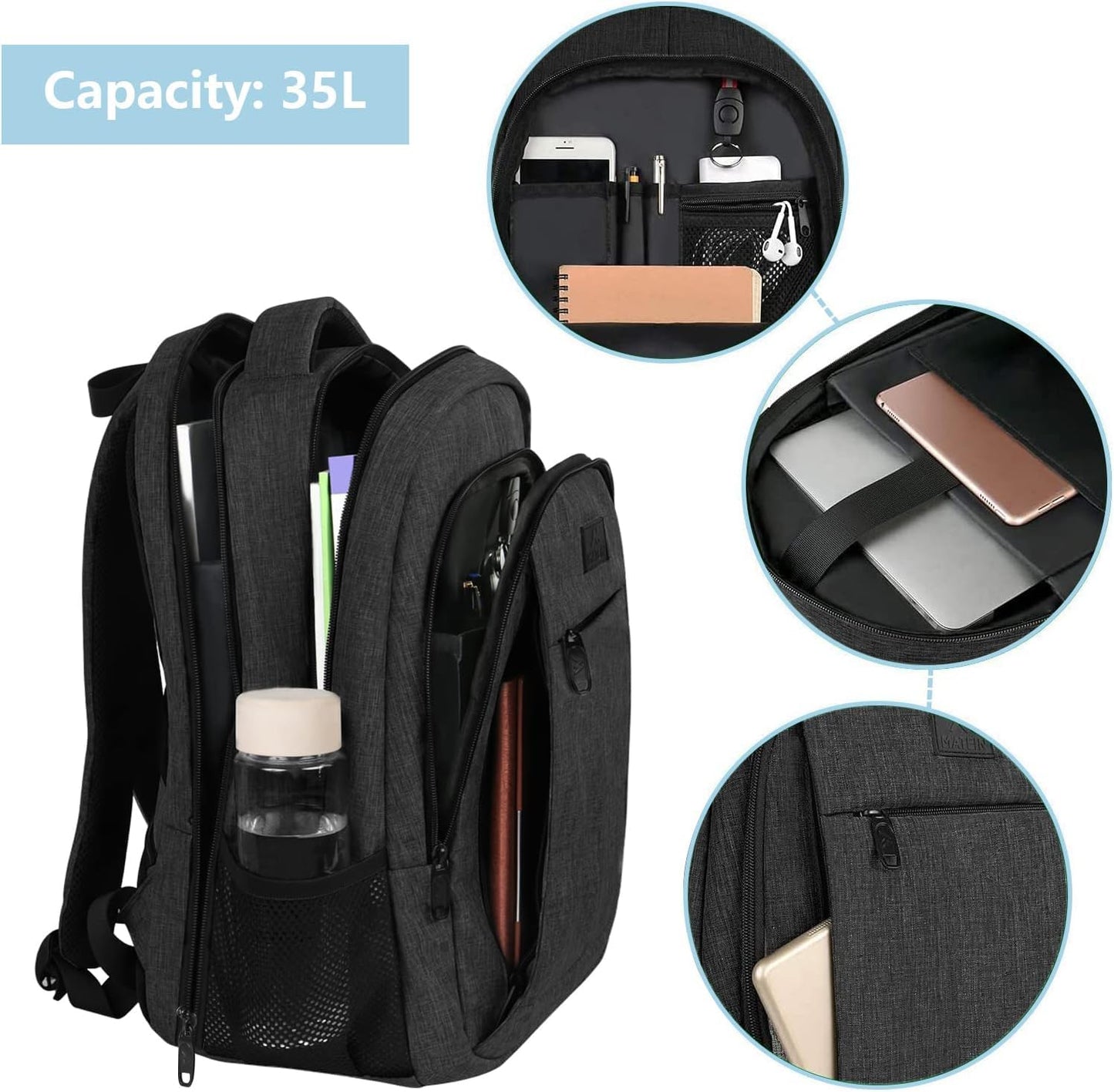 MATEIN backpack for men, large laptop backpack 17.3 inch school bag with USB charging port anti-theft business work travel backpack teenager notebook college tech women, black