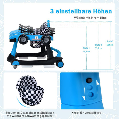 COSTWAY 4 in 1 walking aid, foldable walking cart with adjustable height & speed, car-shaped baby walker with music box, light & wheels, walker for babies from 6 months, load capacity 12kg (blue)