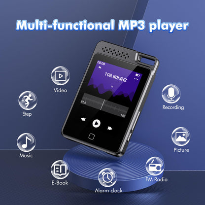 64GB MP3 player with Bluetooth 5.3, 2.4" full touchscreen, metal cover, portable with speaker, voice recording, FM radio, supports 128GB kids MP3 player.