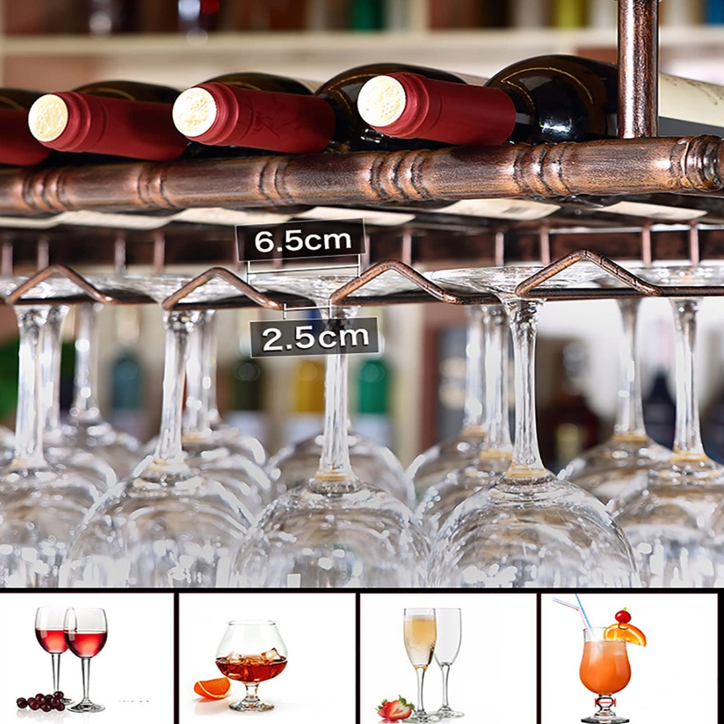 Ceiling wine rack, height and width adjustable hanging wine rack, inverted wine glass decoration shelf, free space on the desk, suitable for bar wine cellar kitchen (bronze, 120×30cm)