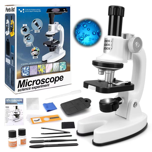deAO Children's Microscope, 200x-1200x with LED lighting & accessory set. Portable microscope with phone holder and color filters. Toy for kids' experiments. White.