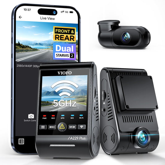 VIOFO A229 Plus 2K + 2K Dual STARVIS 2, HDR Front Rear Dashcam Car, Voice Control & 5GHz Wi-Fi Wireless Autocamera, Ultra-Precise GPS, Super Night Vision 2.0, 2.4" Large LCD, Voice Alerts, 512GB Max