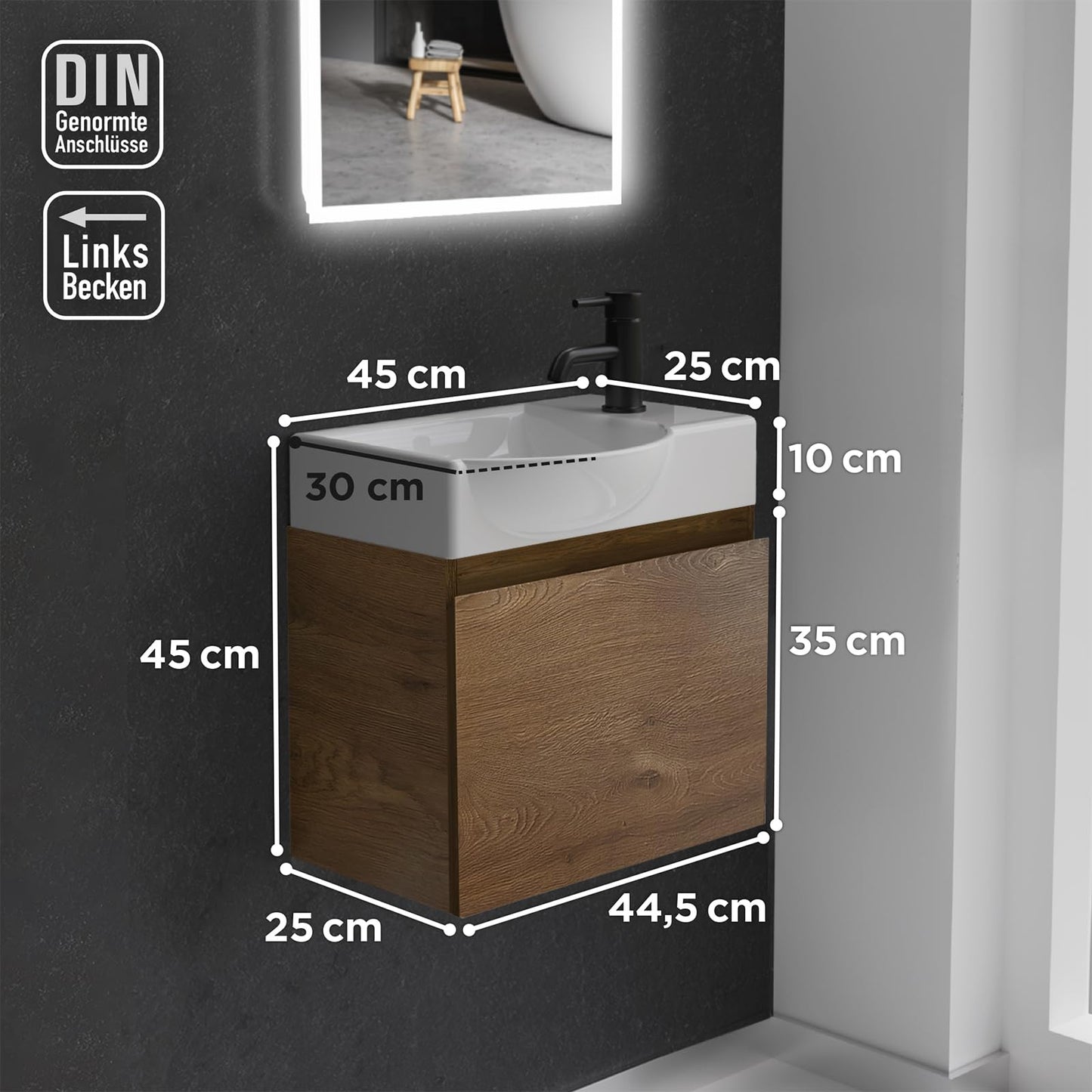 Alpenberger washbasin with cabinet | guest toilet sink small 45 cm wide | countertop sink with sink cabinet | bathroom wall cabinet | washbasin cabinet oak