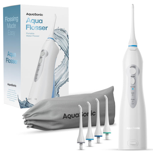 Aquasonic Aqua Flosser - Professional Rechargeable Water Flosser with 4 Tips - Oral Irrigator with 3 Modes - Portable & Cordless Flosser (White)