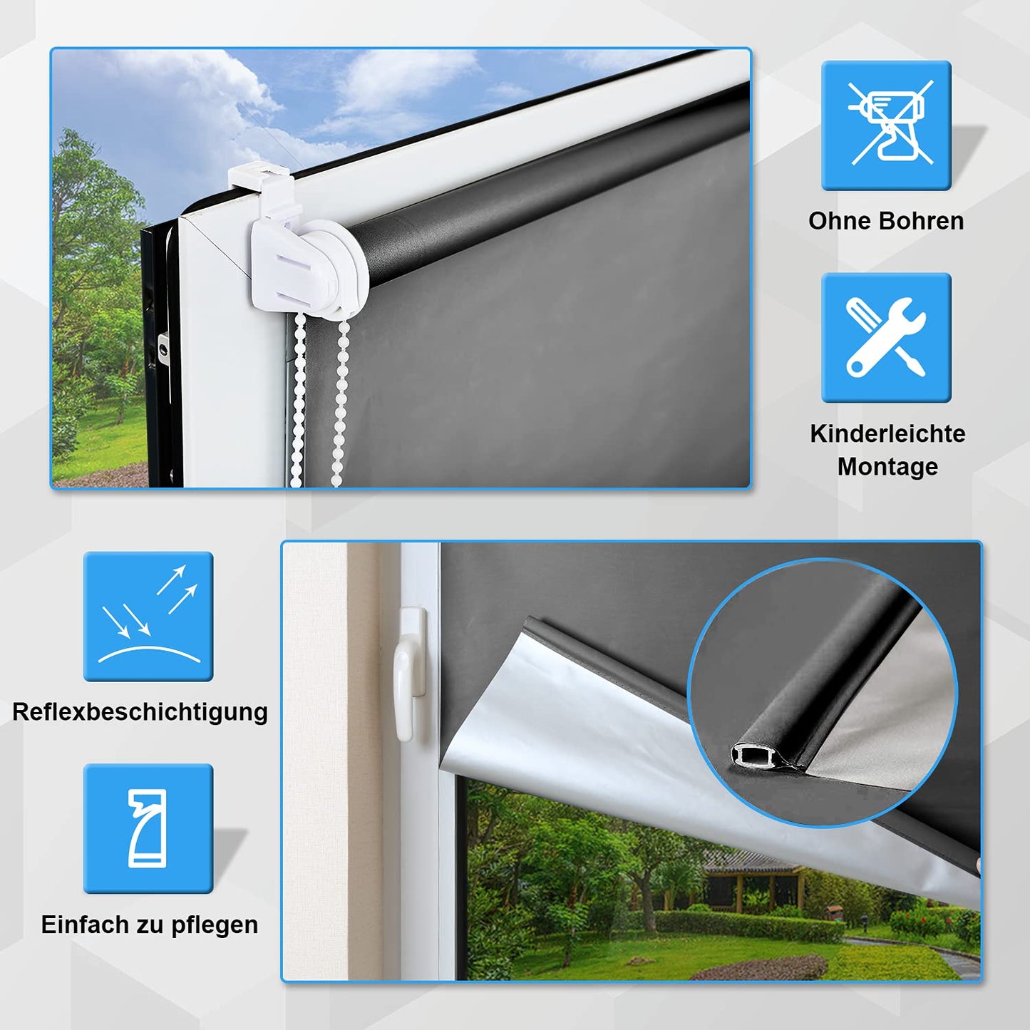 Blackout roller blind without drilling, for windows 47" x 78" (fabric width 45") in dark gray. Thermal roller blind with clamp fixing, side pull roller blind for privacy and sun protection. Wall mountable.