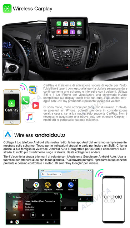 ACAVICA Android 9 inch car radio with GPS navigation for Ford Escape 2013-2019 Kuga 2012-2018 Bluetooth Sat NAV Wireless Carplay Radio Multimedia Player WiFi USB 2+32 GB (A 2+32GB Quad Core)