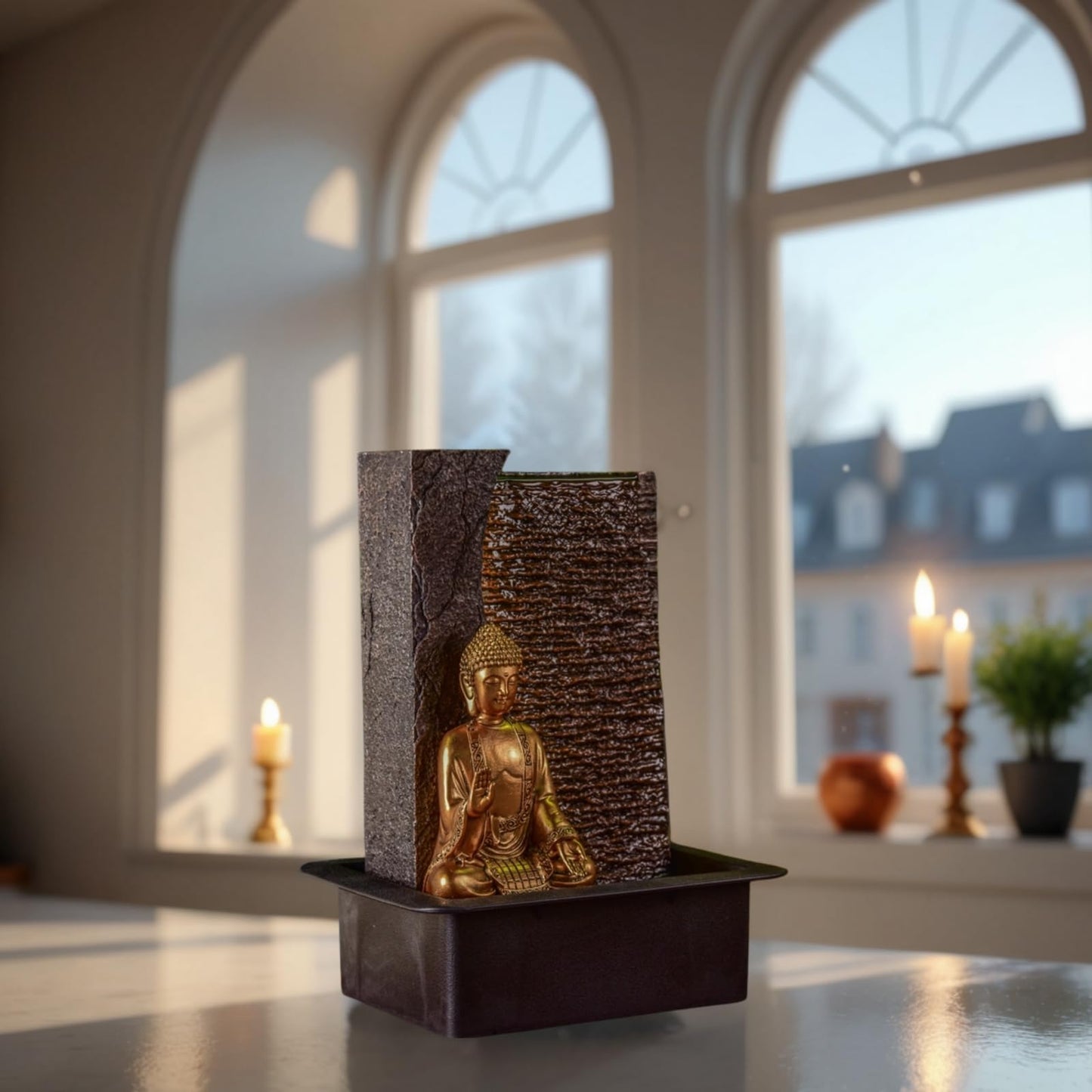 Zen'Light - Buddha Jati room fountain with removable yellow LED strip - Zen decor ideal for meditation and relaxation - Quiet water pump - Lucky fountain with closed circuit - H 40cm