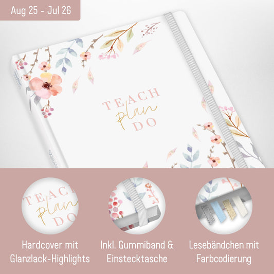 Häfft® Teacher Planner 2025/2026 A5 + "Sweet Flowers" Hardcover teacher planner/school year planner with 236 pages, stickers, and more - sustainable & environmentally friendly.