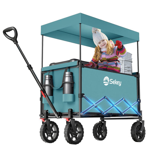 Sekey XXL folding wagon for children 150L 150KG, foldable wagon with canopy, collapsible handcart with sun protection for trips to the beach camping, roof S 4018, green