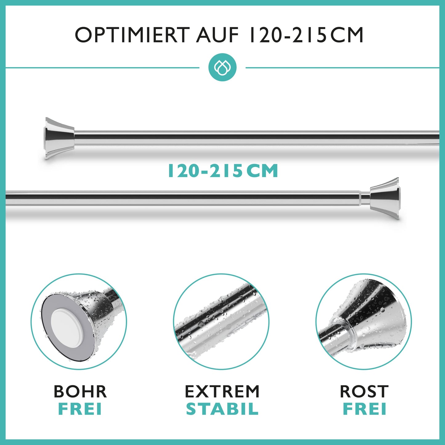 Shower curtain rod without drilling incl. 12 rings - Stable 120-215cm telescopic shower rod without drilling made of stainless steel rustproof - Shower curtain rod set - Telescopic rod shower & bathtub
