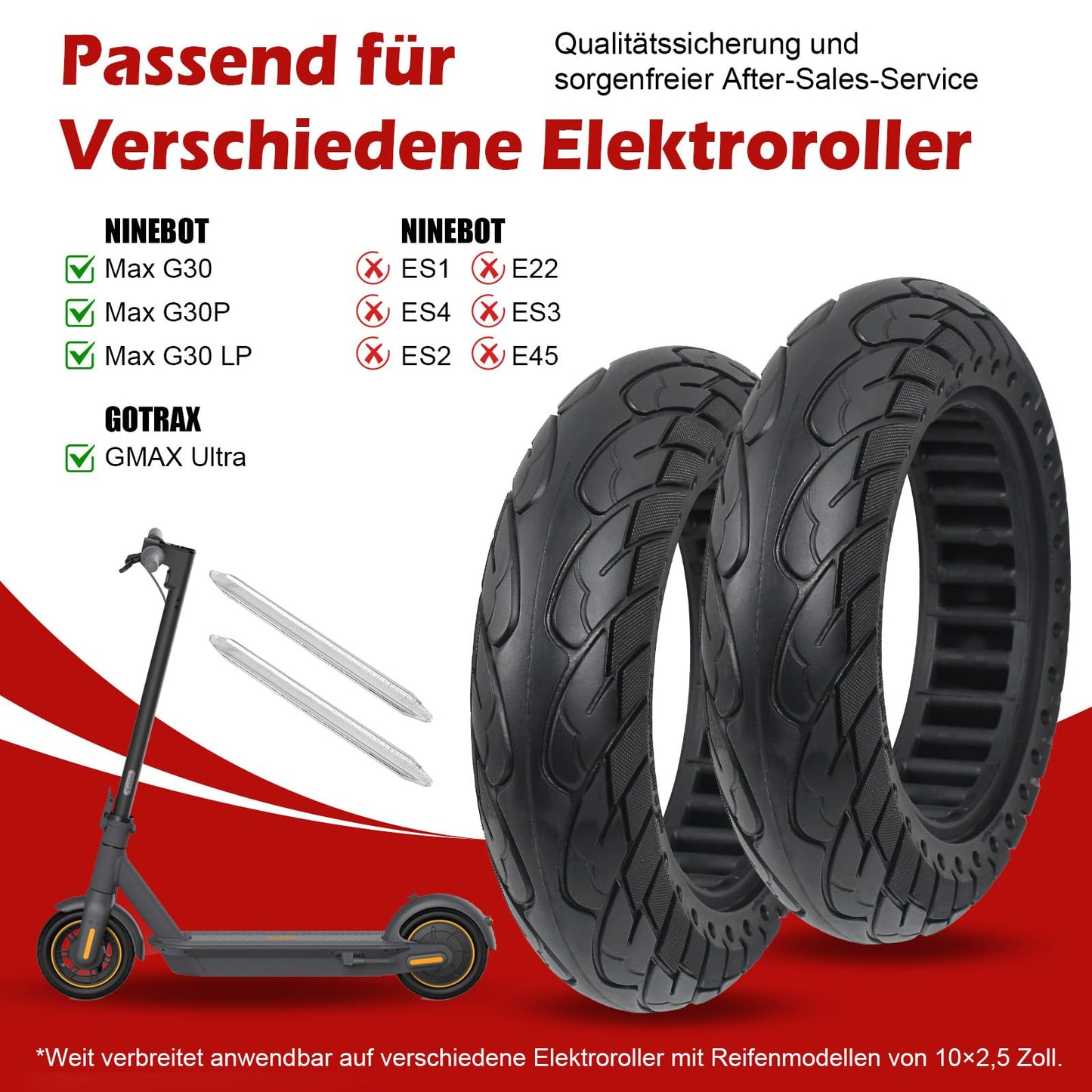 MaxEarn 2 pieces 10 x 2.5 solid rubber tires 60/70-6.5, E-scooter solid tires 10 inches, electric scooter replacement tires accessory for Segway Ninebot Max G30/Max G30D/Max G30 D2.