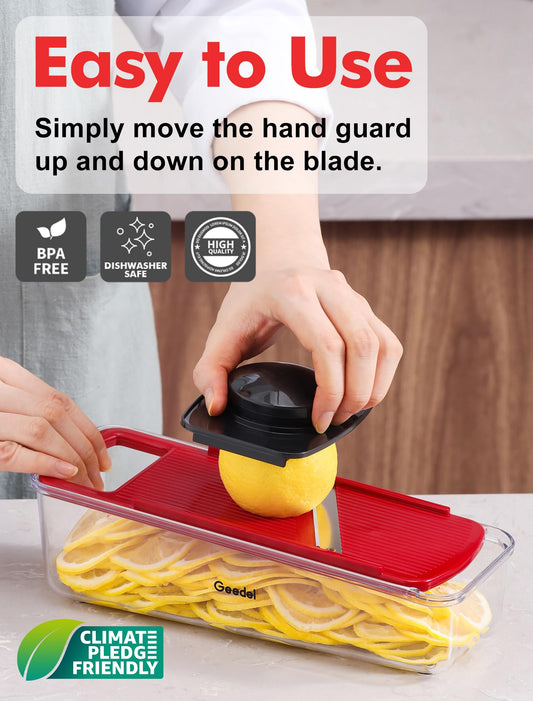 Geedel 4 in 1 Multifunction Mandoline Vegetable Slicer, Onion Cutter, Vegetable Chopper Manual Cheese Grater, Julienne Cutter Cucumber Slicer, Vegetable Grater Apple Grater Potato Slicer (Red)