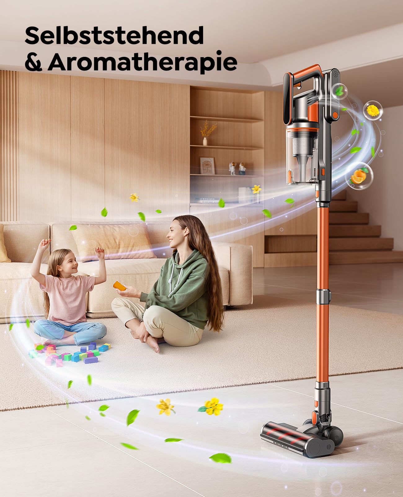 Fieety Cordless Vacuum Cleaner, 45KPa/550W/60Min with Wall-Mounted Charging Station, Aromatherapy, Auto Mode, Touchscreen, 1M Extendable Hose for Hard Floors Carpets Pet Hair Car