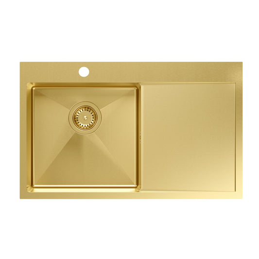QUADRON sink single Stainless steel sink | Size 78 x 48 x 20 cm Color: Pvd-Golden | RUSSEL 111 Drop-in sink with faucet hole | Single-bowl kitchen sink with steel basin Stainless steel sink