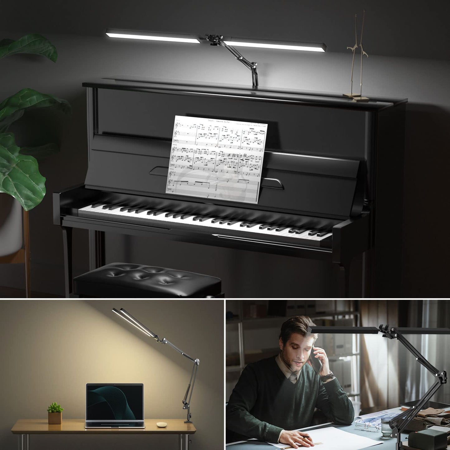 CHICLEW 24W LED Desk Lamp, Dual-Head Gooseneck Table Lamp Dimmable, 3 Color Temperatures & Stepless Dimming Reading Lamp, Eye-Care Clamp Lamp, Work Lamp Architect Lamp for Home/Office