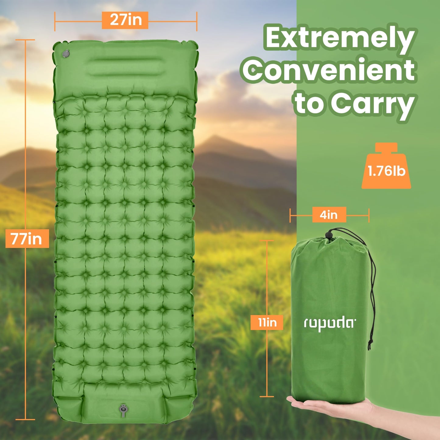 ROPODA self-inflating camping mat with pillow, ultralight inflatable sleeping pad with foot pump, waterproof sleeping mat for outdoor, camping, hiking (green)