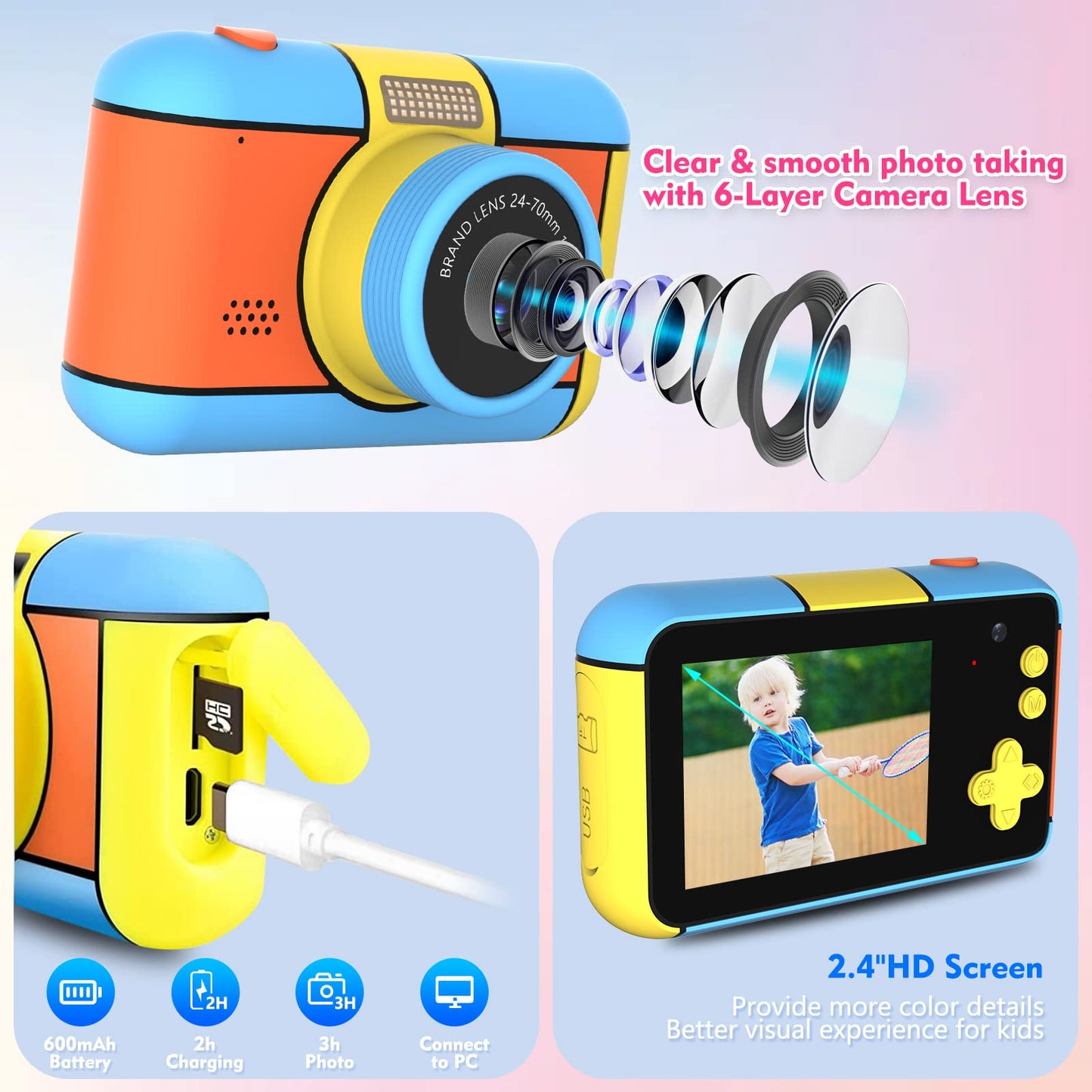 BaFuland kids camera, 2.4-inch screen children's camera, 20MP & 1080P HD digital camera for kids, selfie camera with 32GB card, kids toy gifts for boys & girls aged 3-12 years.