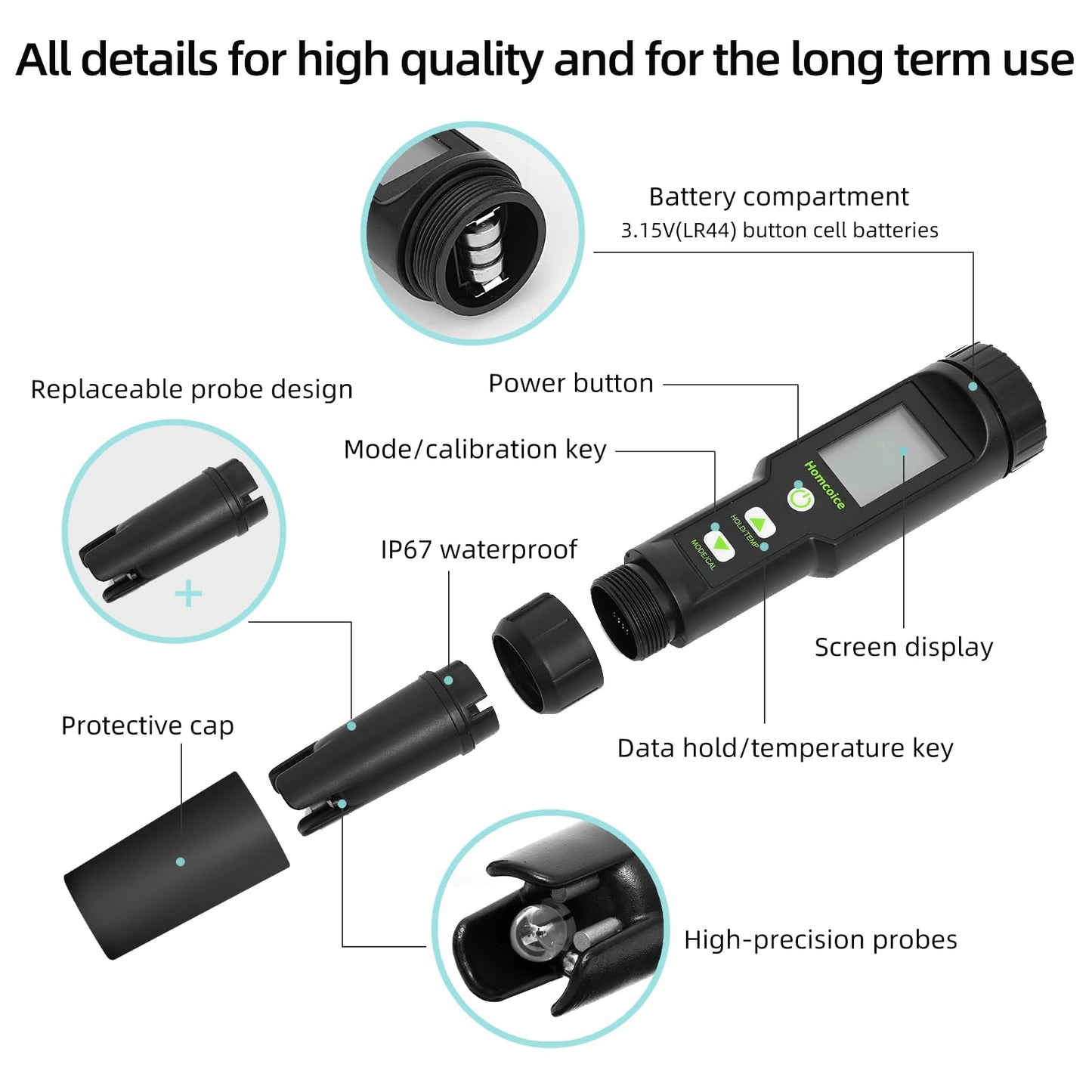 Homcoice 5 in 1 pH meter TDS EC SALT Temperature pH Value meter IP67 waterproof, Pool pH Tester 0.01 high-precision digital water tester Drinking water with ATC function