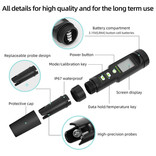 Homcoice 5 in 1 pH meter TDS EC SALT Temperature pH Value meter IP67 waterproof, Pool pH Tester 0.01 high-precision digital water tester Drinking water with ATC function