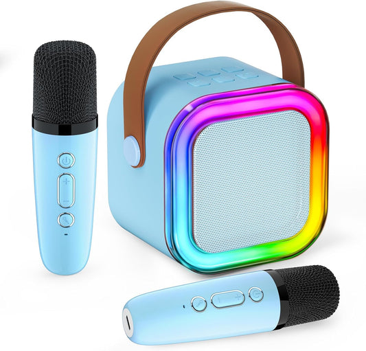 Mini karaoke machine for kids and adults, portable singing machine with 2 wireless microphones, thousands of karaoke songs, birthday gifts for girls aged 3 to 12 (Blue)