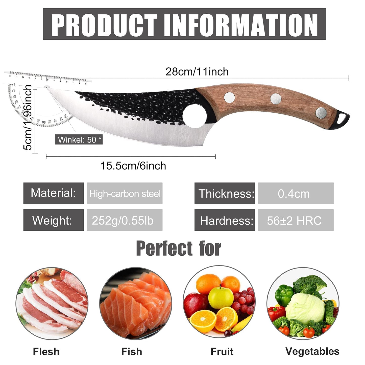 ZQD 6-inch Japanese knife with leather sheath, forged chef's knife kitchen knife with finger hole wooden handle, sharp boning knife outdoor cleaver for vegetables and meat.
