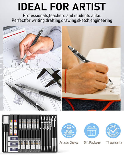 Nicpro 34-piece mechanical pencil set, black metal mechanical pencil set, 0.3, 0.5, 0.7, 0.9mm, and 2mm lead holders (6B, 4B, 2B, HB, 2H, 4H, CR) for sketching, drawing, with 19 tubes of lead.