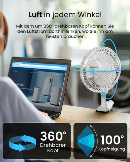 Pro Breeze Mini Fan with Clip, 20 cm diameter, 2 speed settings, sturdy clip - quiet fan, ideal as a desk fan at the office, for a grow tent, at home in the bedroom