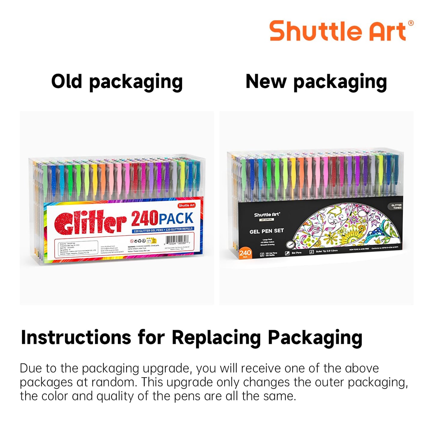 Shuttle Art Glitter Gel Pens, 240-piece gel pen set with 120 colorful glitter gel pens and 120 replacement refills, for adults and kids on coloring books for highlighting, drawing, writing.