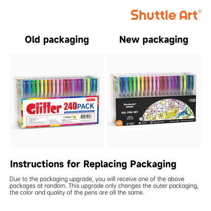 Shuttle Art Glitter Gel Pens, 240-piece gel pen set with 120 colorful glitter gel pens and 120 replacement refills, for adults and kids on coloring books for highlighting, drawing, writing.