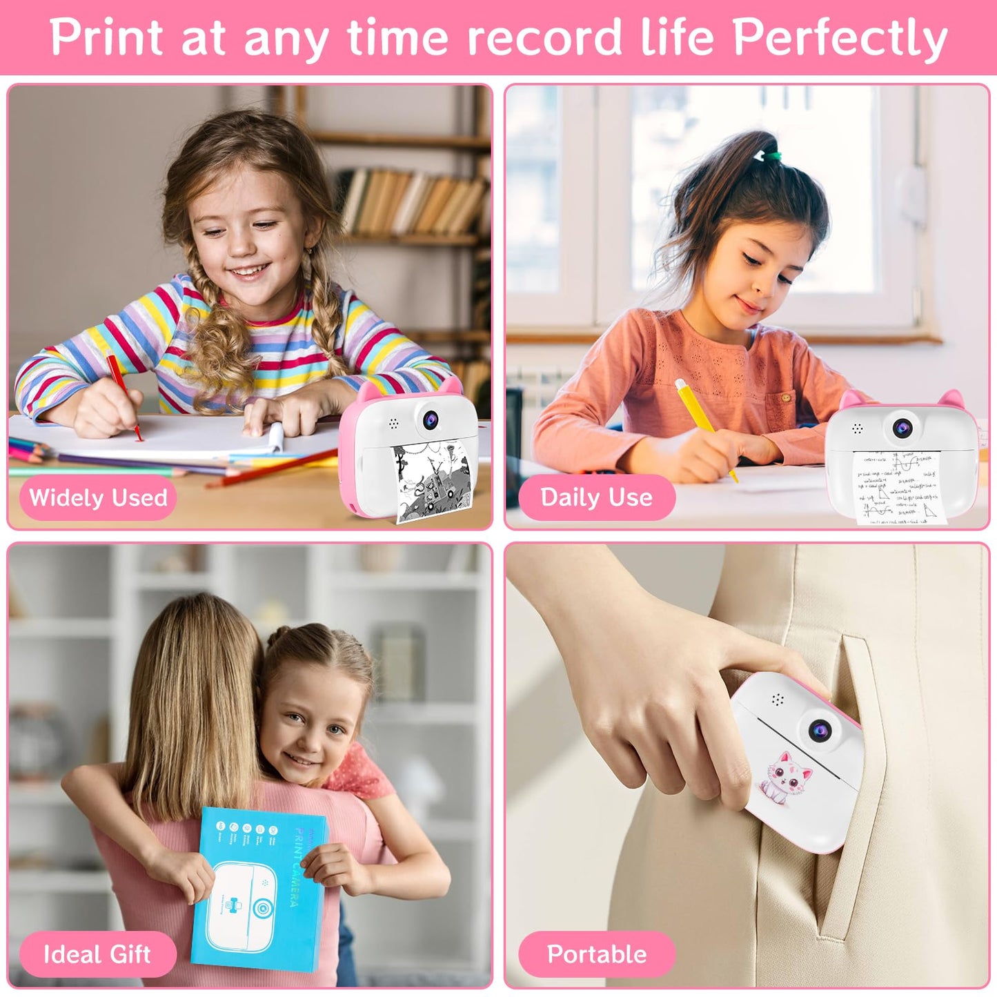 Instant Camera for Kids, 12MP 2.4-inch Screen Kids Camera with 32G Card, Printing Paper & Colored Pens, 1080P Kids Instant Print Camera, Gift for Children 3-12 Years Old.