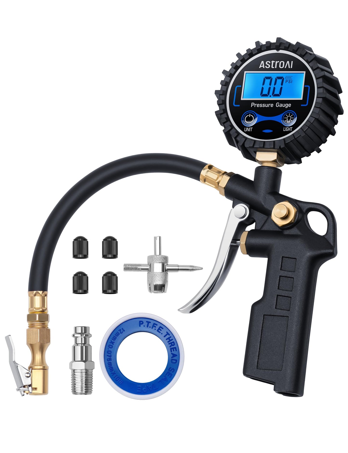 AstroAI Digital Tire Inflator with Gauge, 250 PSI, Air Chuck and Compressor Accessories, Durable, with Rubber Hose and Quick Connect Coupler for 0.1 Screen Resolution